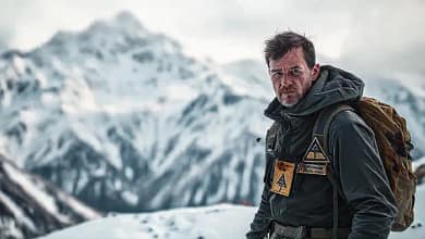 Montaña nevada: un excursionista preocupado y amenazante