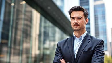 Un hombre de negocios confía en su edificio moderno