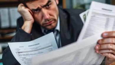 Un profesional confuso revisa documentos fiscales