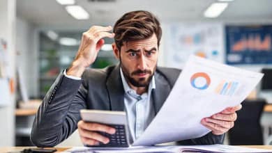 Un hombre confuso analiza documentos financieros
