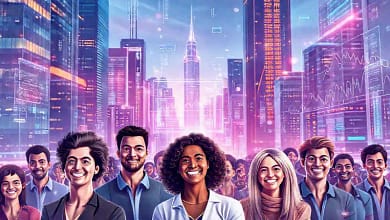 Ciudad futurista y optimista digitalmente creada