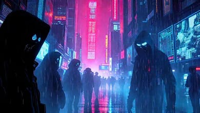 Ciudad cyberpunk futurista y oscura