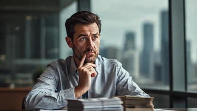 Un hombre pensativo negocia bajo estrés financiero