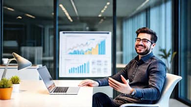 Un freelancer optimista prospera en oficina moderna