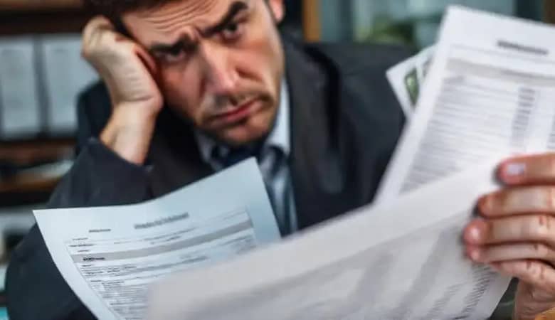 Un profesional confuso revisa documentos fiscales