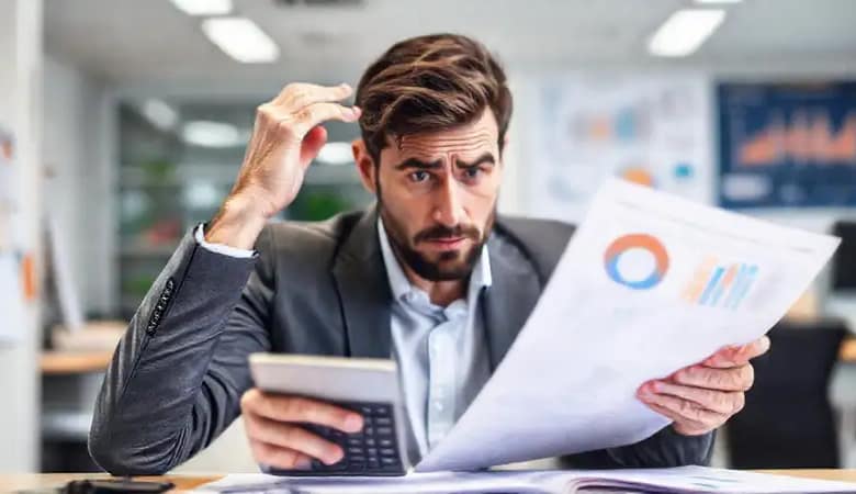 Un hombre confuso analiza documentos financieros