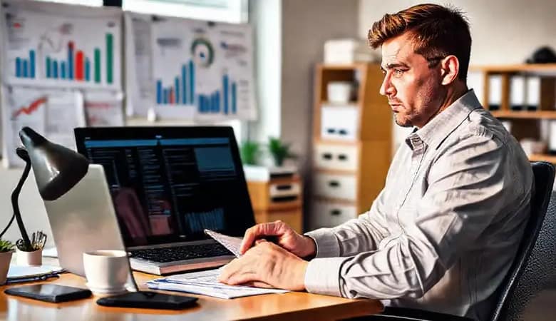 Analista financiero trabaja concentrado y tranquilo