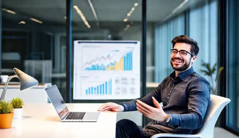 Un freelancer optimista prospera en oficina moderna