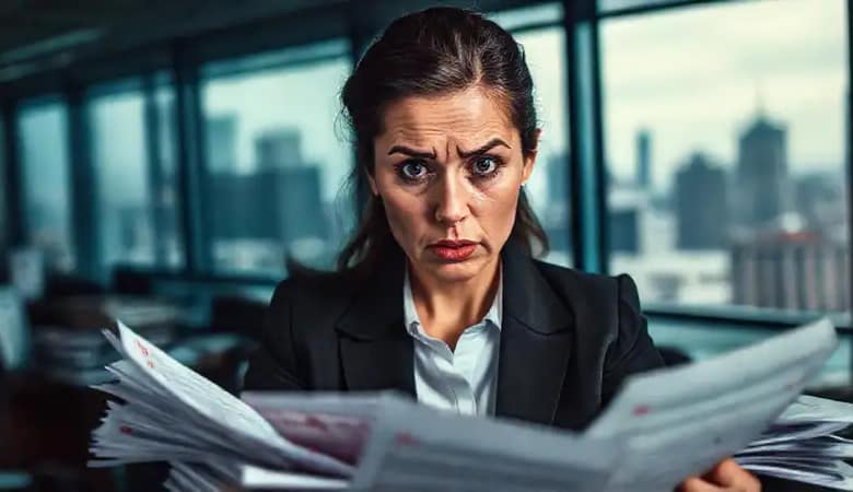 Una mujer de negocios inquieta enfrenta una investigación crítica