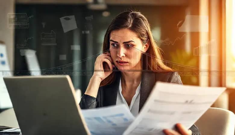 Una ejecutiva analiza datos con confusión