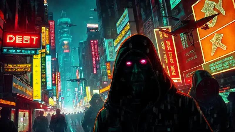 Ciudad cyberpunk oscura y llena de tensión