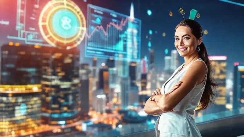 Una mujer segura en ciudad futurista