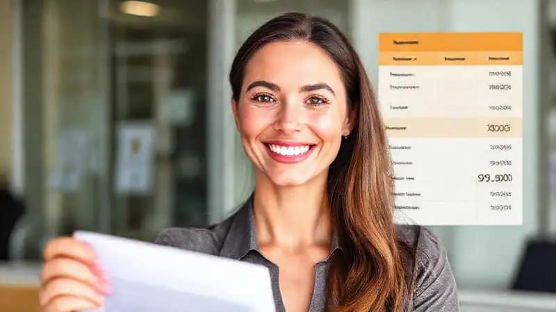 Mujer sonríe, firma contrato y ofrece precios