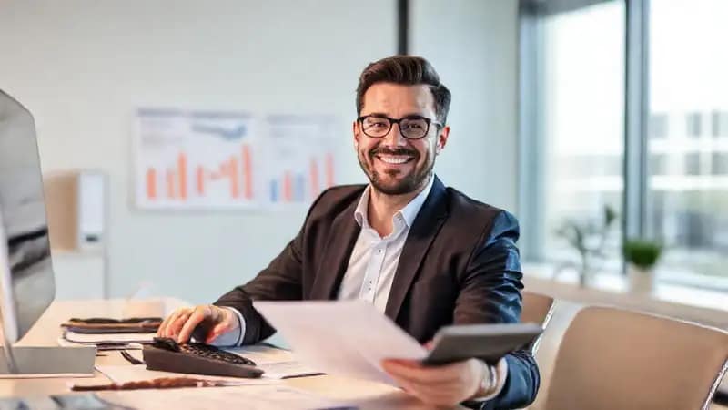 El empresario triunfa en su oficina moderna