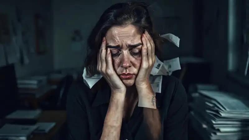 Una mujer estresada enfrenta la desesperación y el desorden