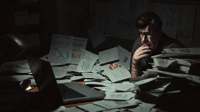 Un profesional angustiado trabaja en la oscuridad